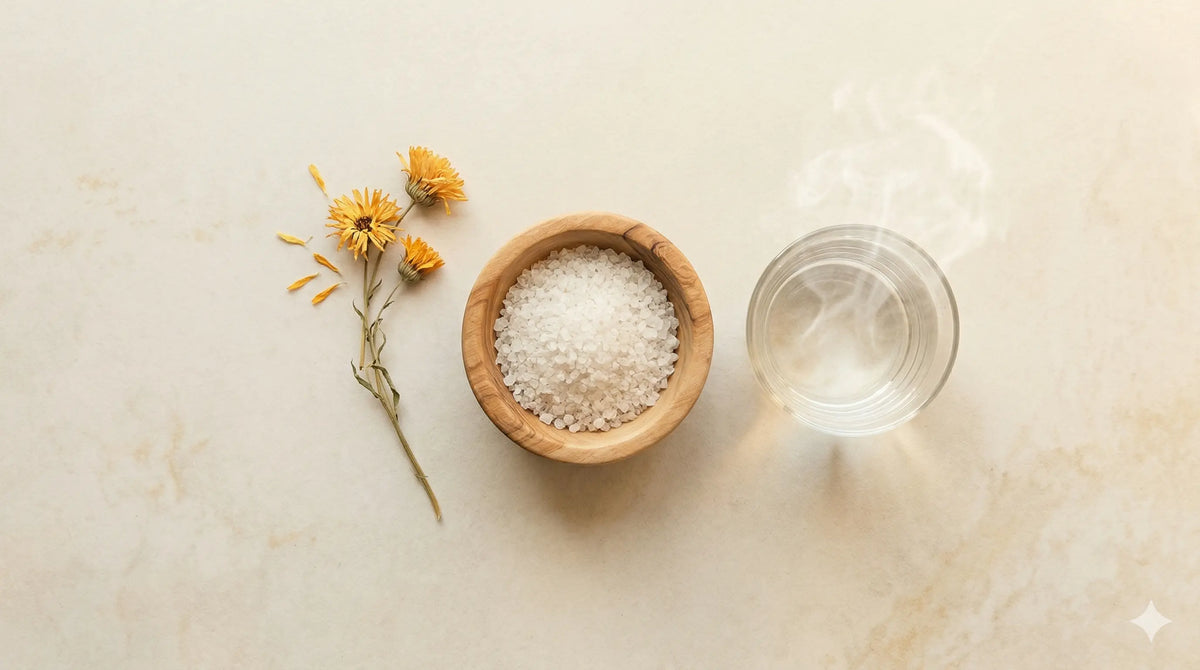 Sea salt, warm water and calendula flowers - natural ingredients for balanitis home treatment and irritant skin relief