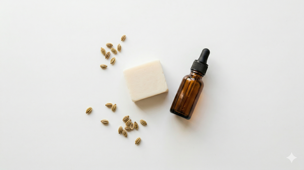 Tea tree oil bottle, zinc soap and Cnidium monnieri seeds on white surface - natural antifungal treatment ingredients for pityrosporum folliculitis