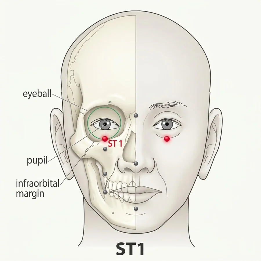 Location diagram: Chengqi (ST-1), on the bony rim directly below the pupil.