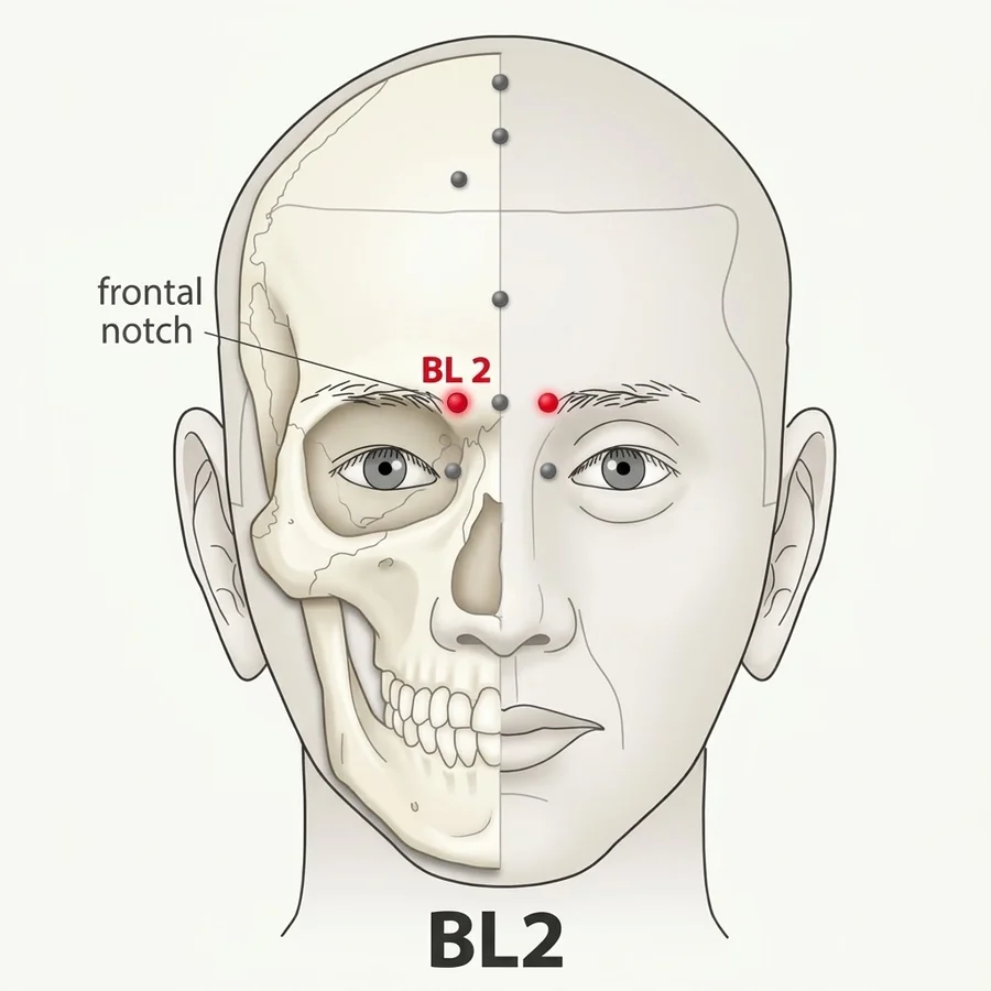 Location diagram: Cuanzhu (BL-2), in the depression at the medial end of the eyebrow.
