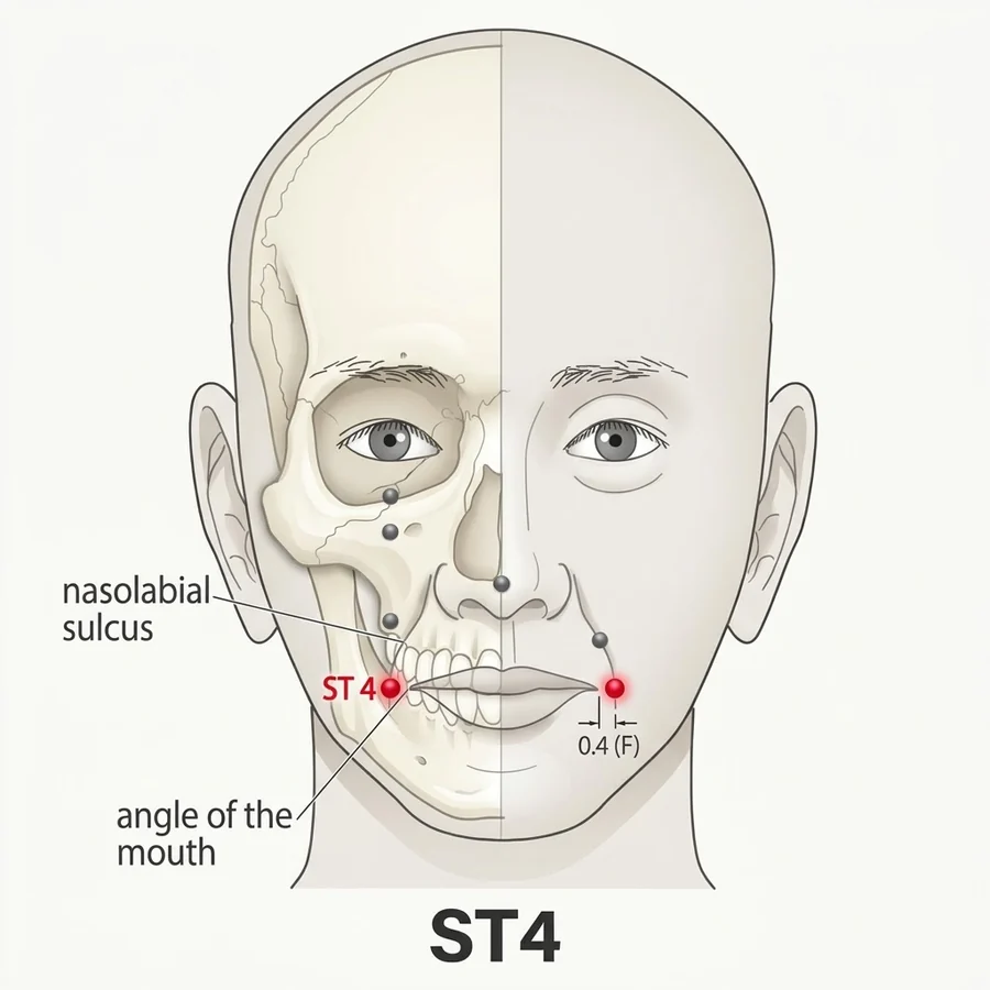 Location diagram: Dicang (ST-4), just lateral to the corner of the mouth.