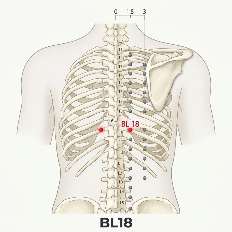 Location of Ganshu (BL-18): One and a half cun measured from the landmark shown in the diagram and the location text.