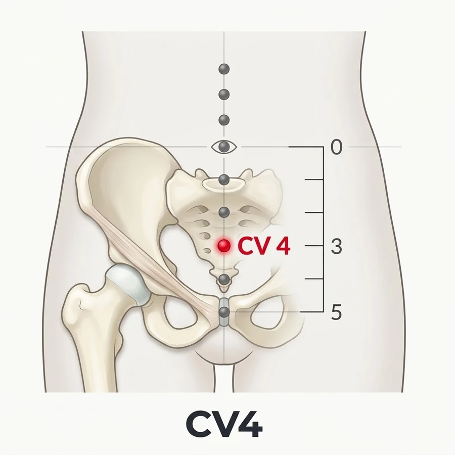 Location of Guanyuan (REN-4): Three cun measured from the landmark shown in the diagram and the location text.