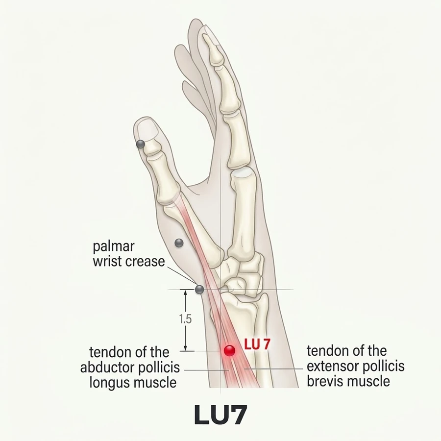 Location of Lieque (LU-7): One and a half cun measured from the landmark shown in the diagram and the location text.
