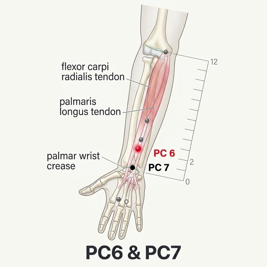 Location of Neiguan (PC-6): Two cun measured from the landmark shown in the diagram and the location text.