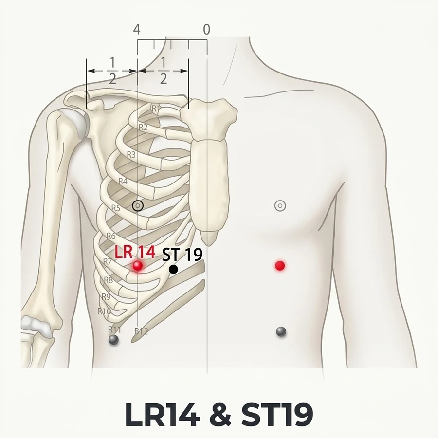 Location of Qimen (LR-14): Four cun measured from the landmark shown in the diagram and the location text.