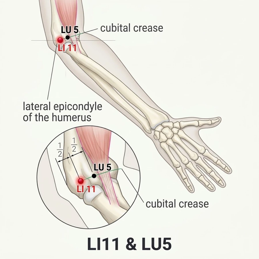 Location of Quchi (LI-11): Outer end of the elbow crease.