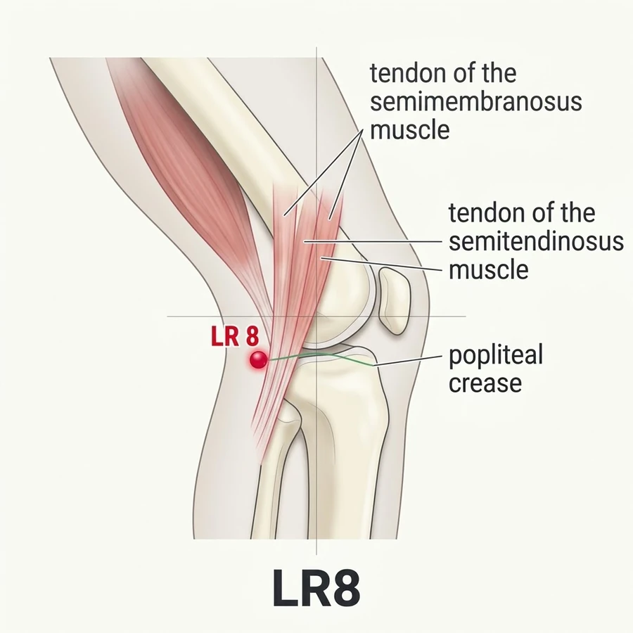 Location of Ququan (LR-8): One cun measured from the landmark shown in the diagram and the location text.