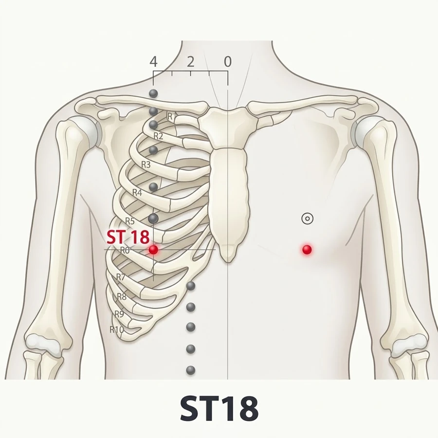 Location of Rugen (ST-18): Four cun measured from the landmark shown in the diagram and the location text.