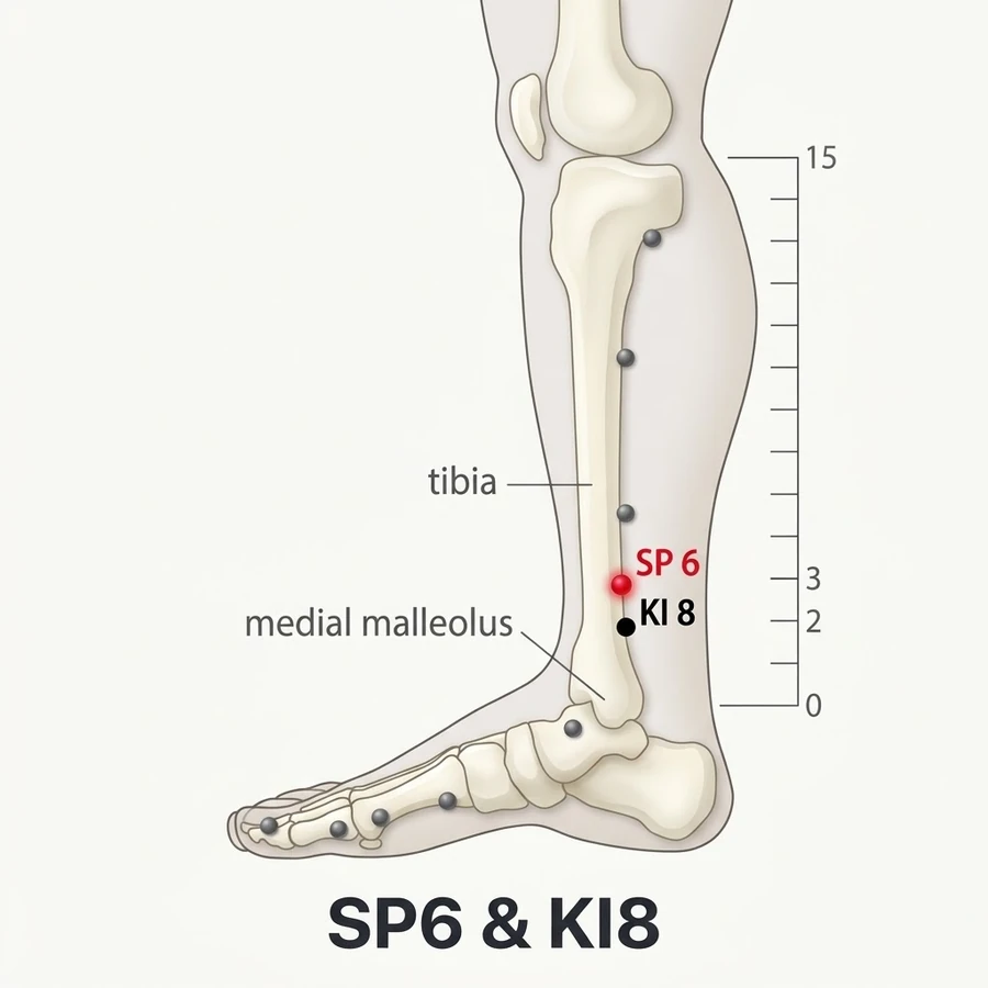 Location of Sanyinjiao (SP-6): Three cun directly above the tip of the inner ankle bone.