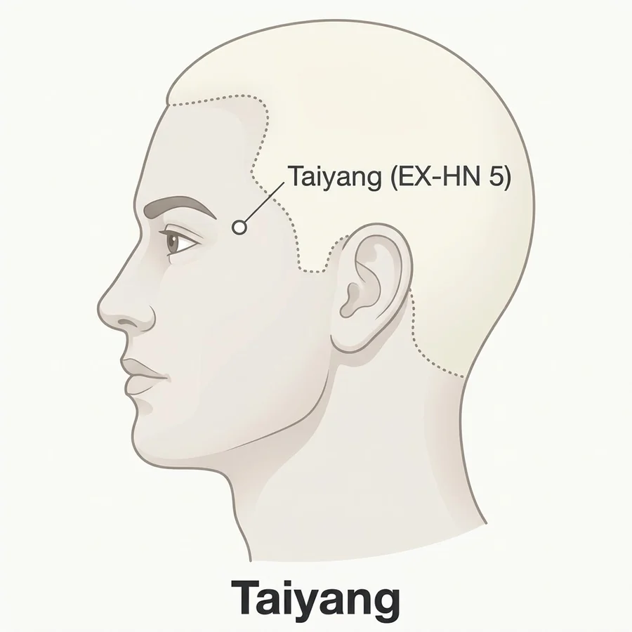 Location diagram: Taiyang (EX-HN5), in the temple hollow about one finger-breadth behind the midpoint between the lateral end of the eyebrow and the outer canthus.