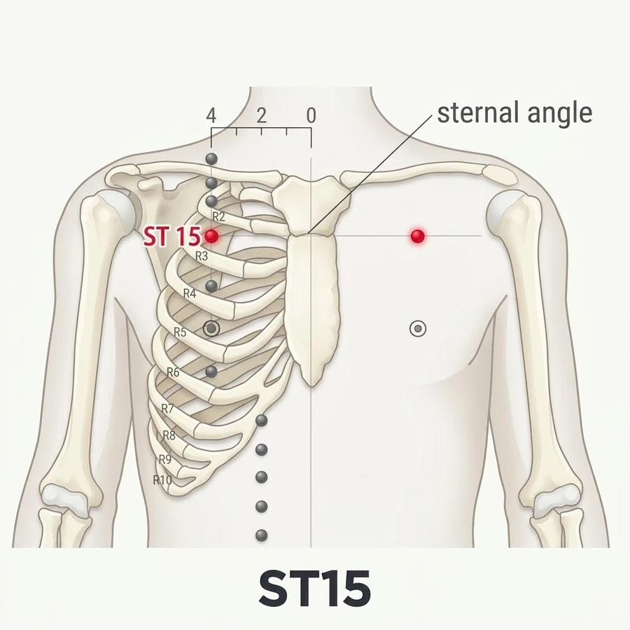 Location of Wuyi (ST-15): Four cun measured from the landmark shown in the diagram and the location text.