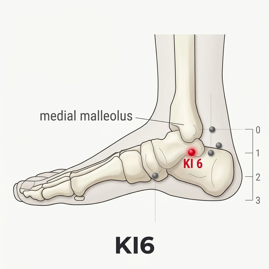 Location of Zhaohai (KI-6): One cun below the tip of the medial malleolus.