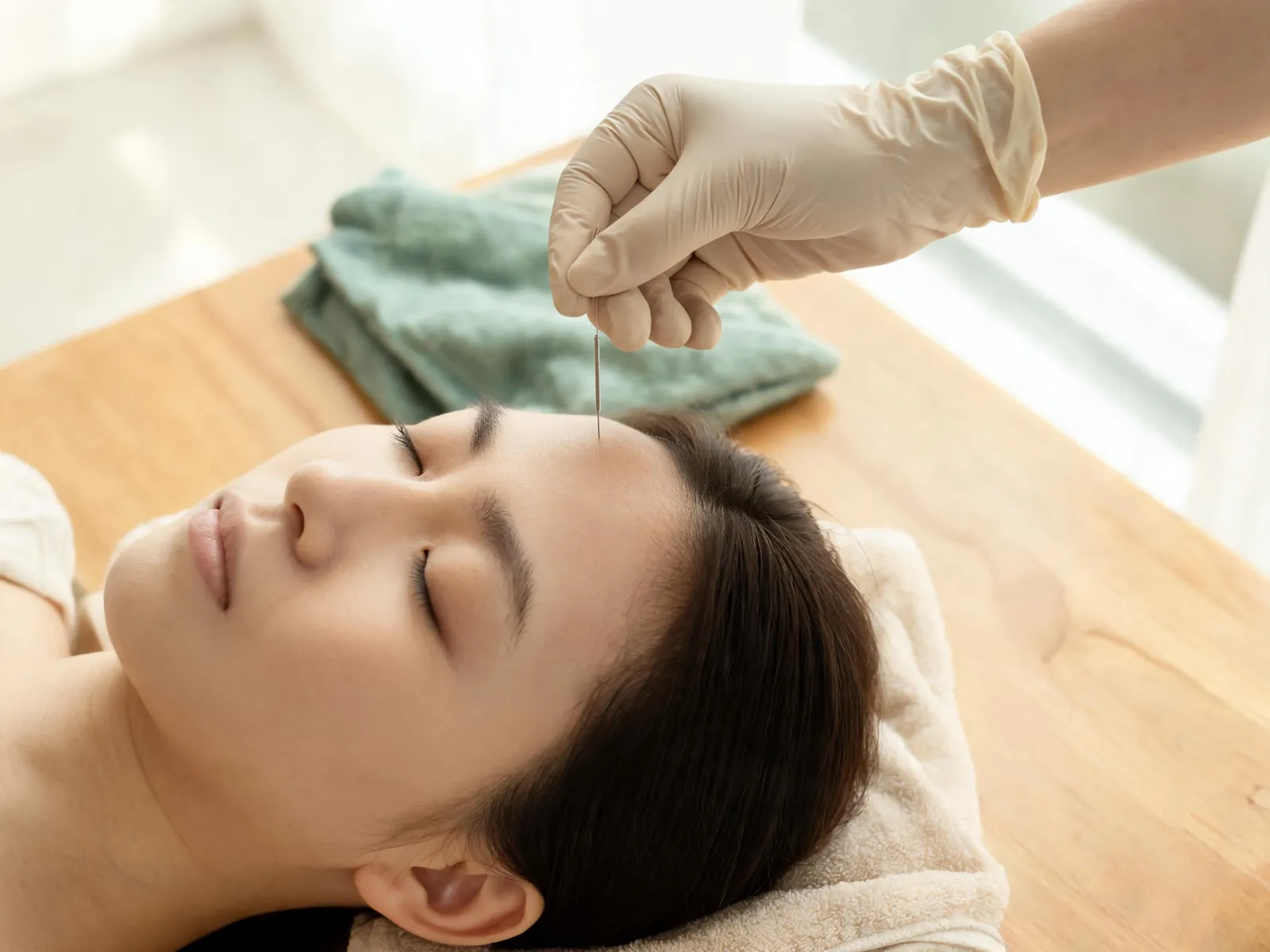 A gloved hand holding a fine needle at the hairline of a forehead.
