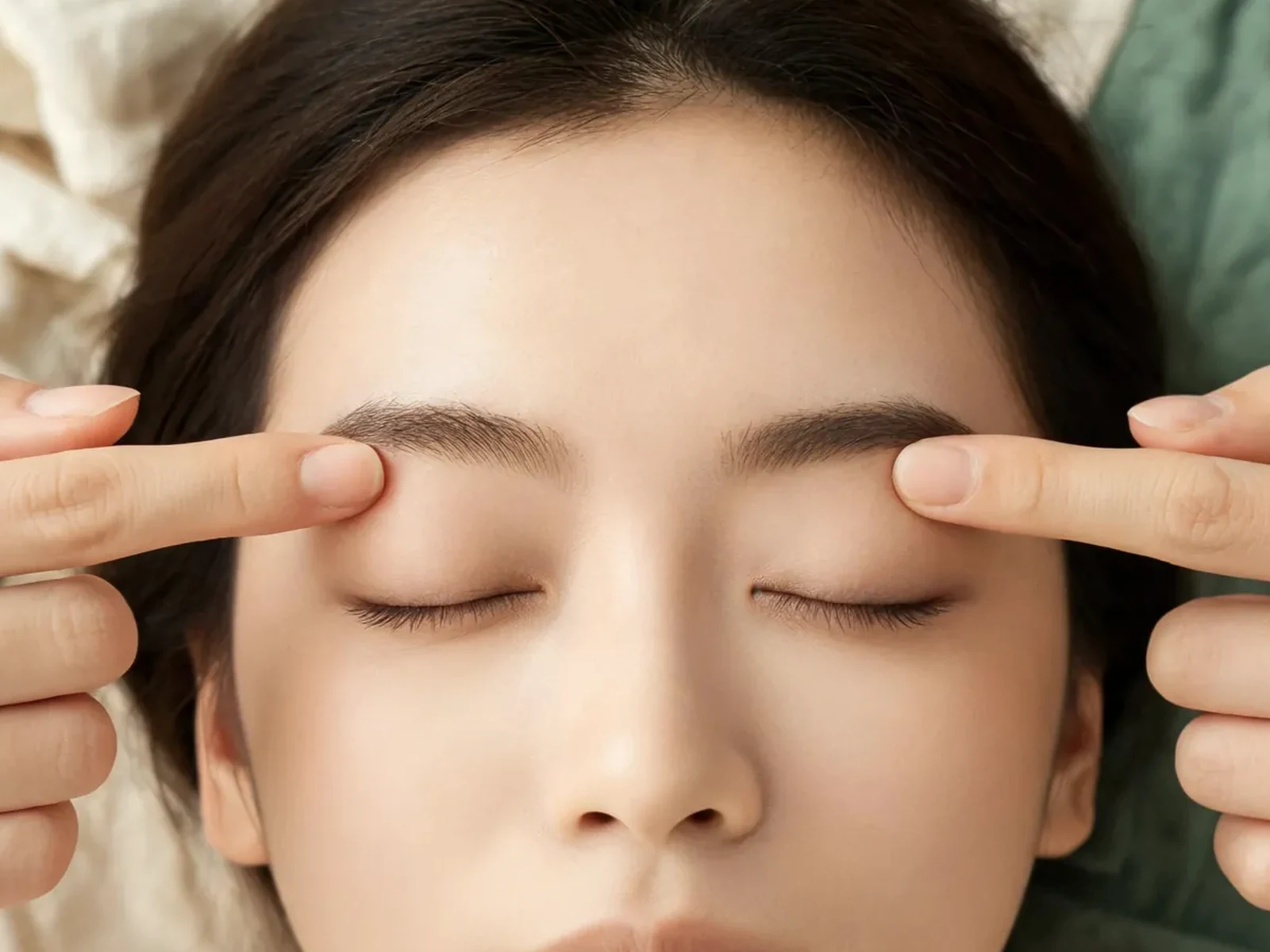A closed eye and under-eye area in morning light, with a blurred cup of tea behind.