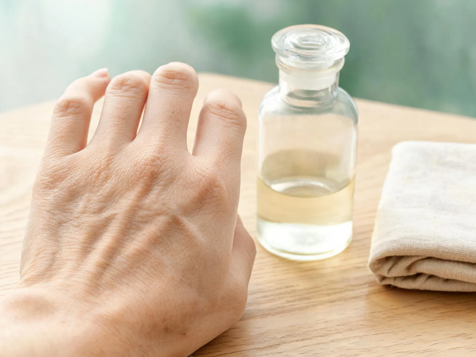 A hand beside a small bottle of pale oil on a wooden table.