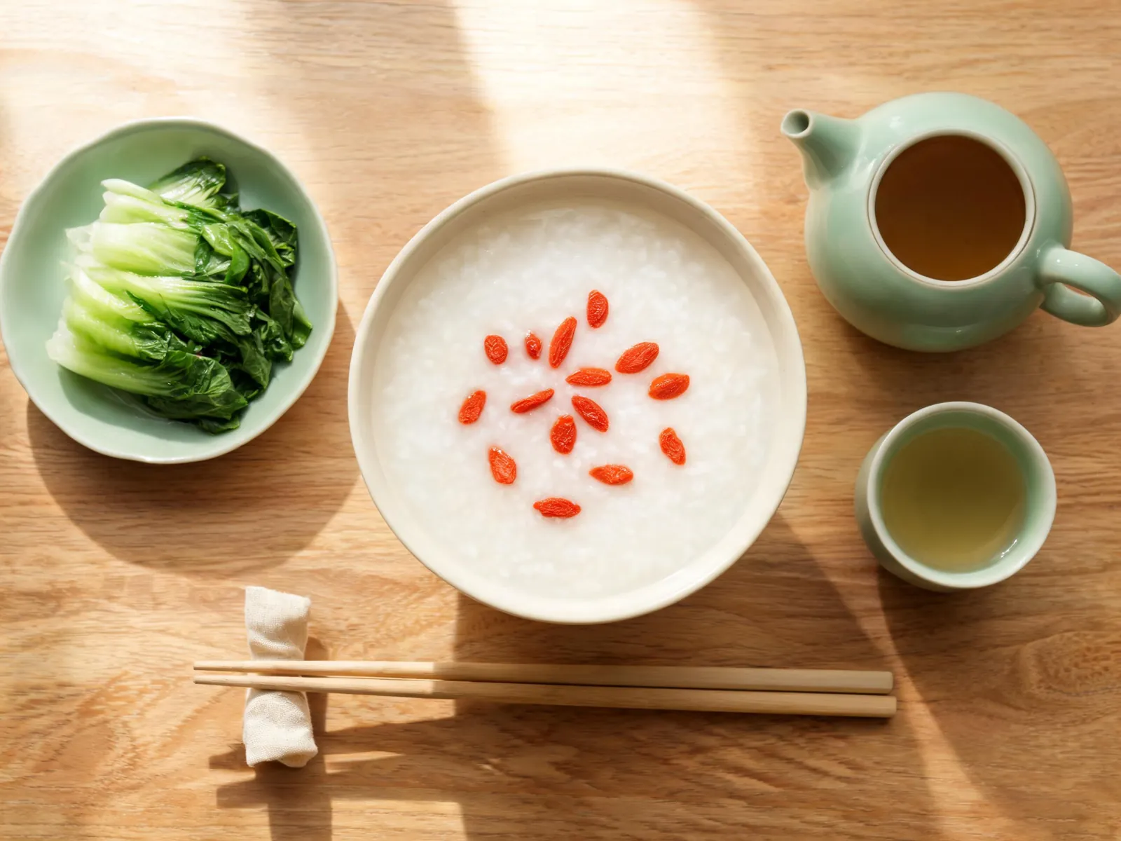 An overhead meal of congee, steamed greens and a pot of tea on a wooden table.