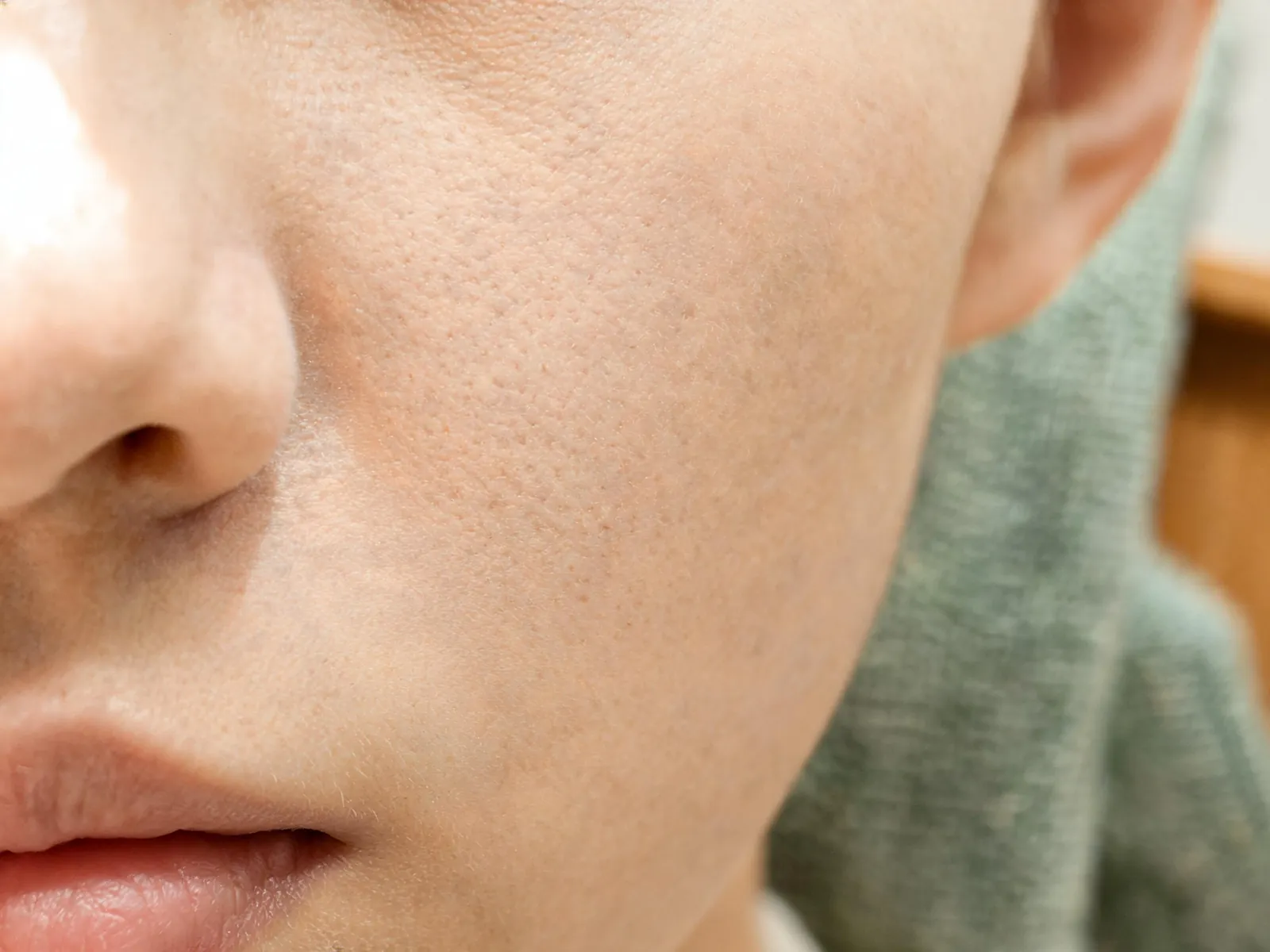 A close view of natural cheek skin with a hand resting near it.