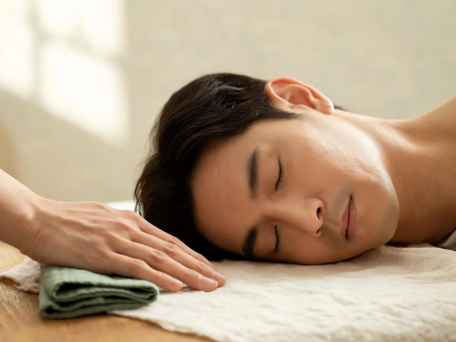 A practitioner's hand at the edge of the frame beside a calm face turned three-quarters.