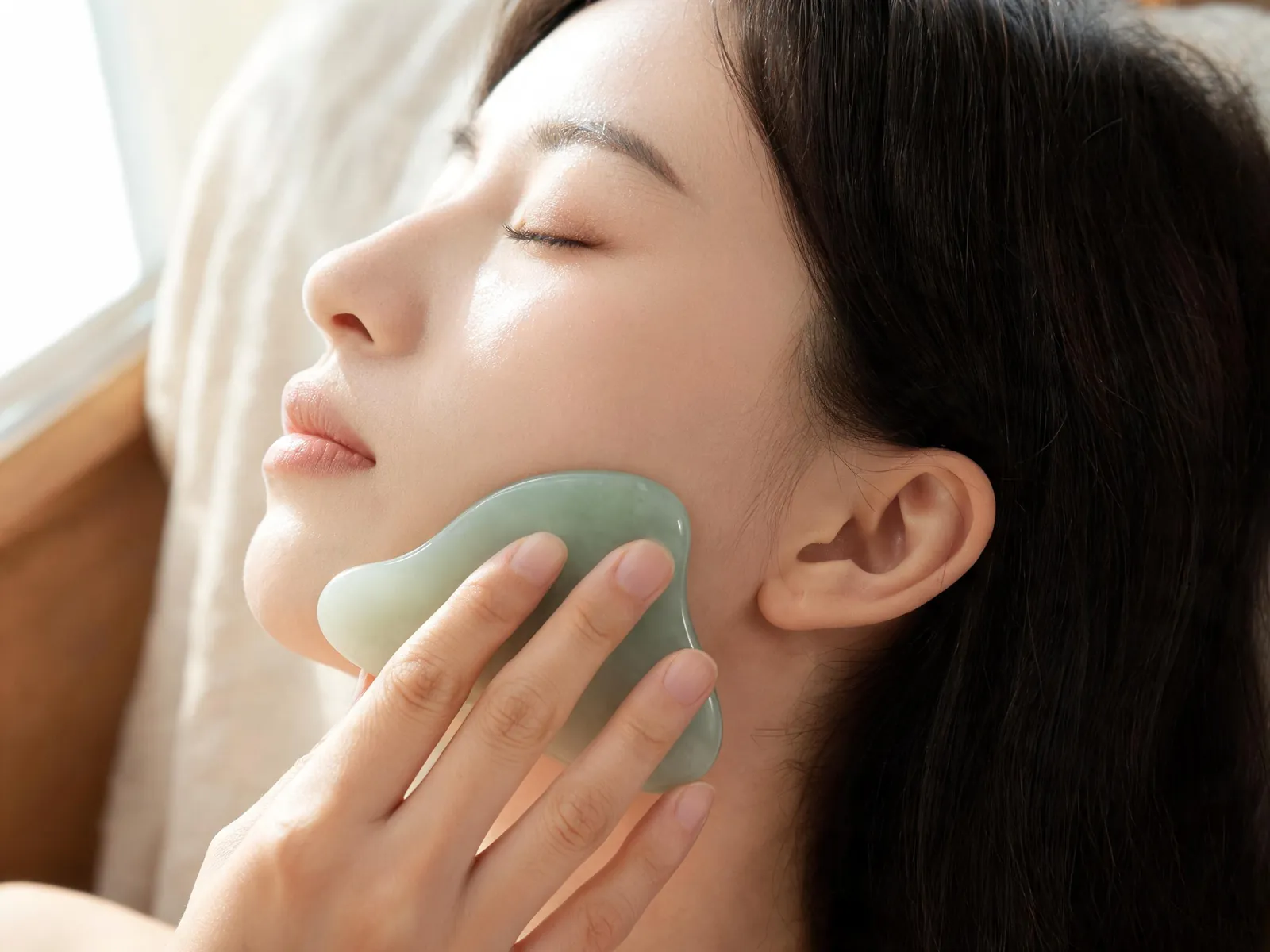 A hand drawing a pale jade gua sha stone up the jawline.