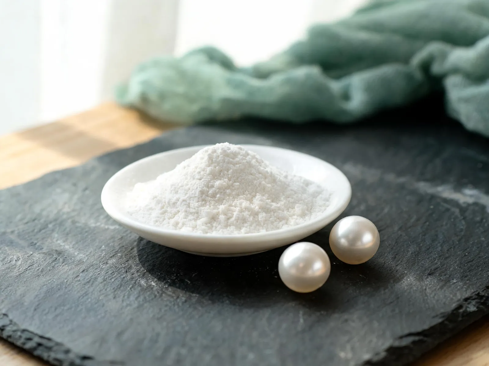 A dish of fine white pearl powder with two freshwater pearls on dark slate.