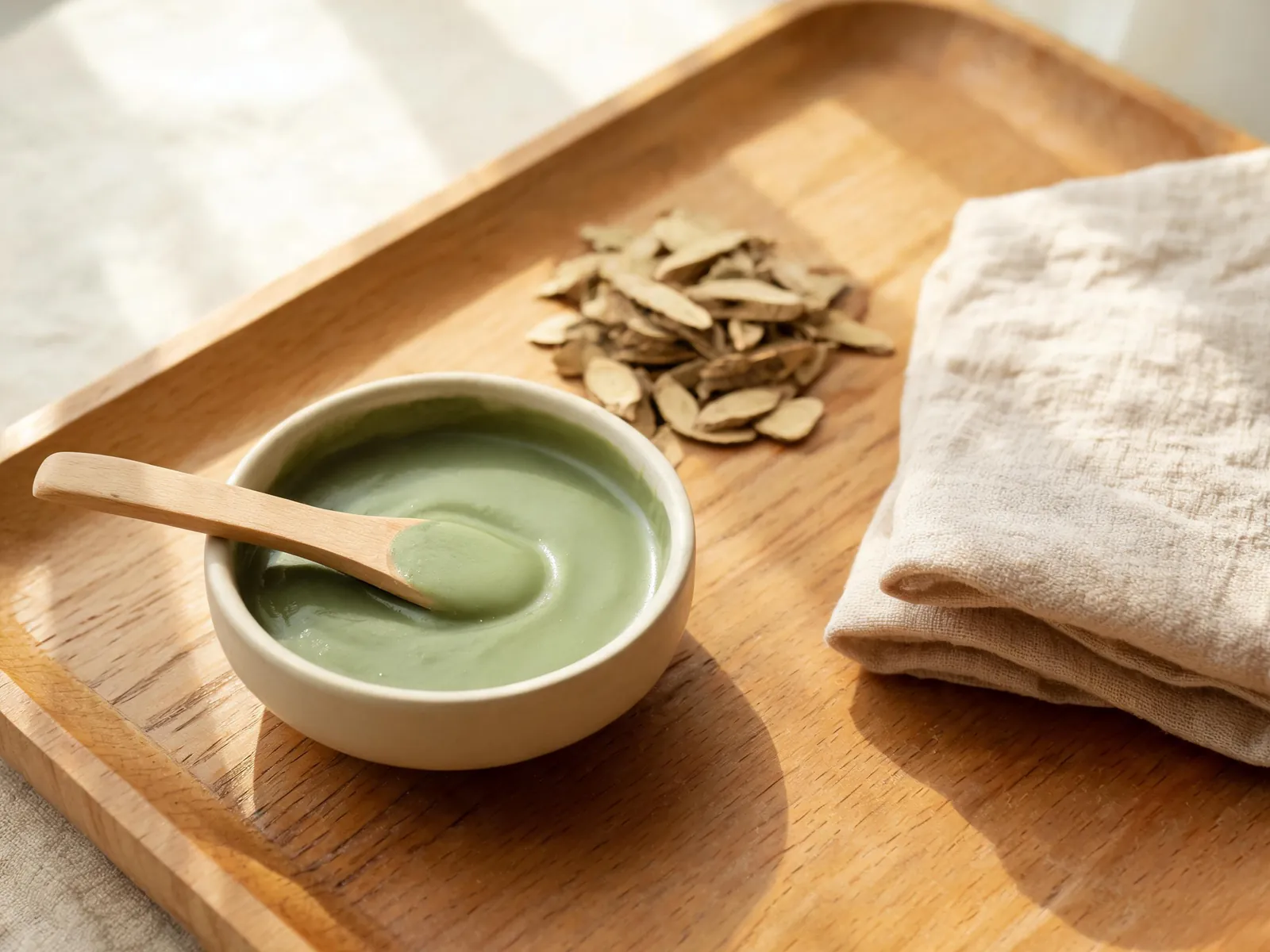 A ceramic bowl of pale herbal paste with a wooden spatula on a wooden tray.