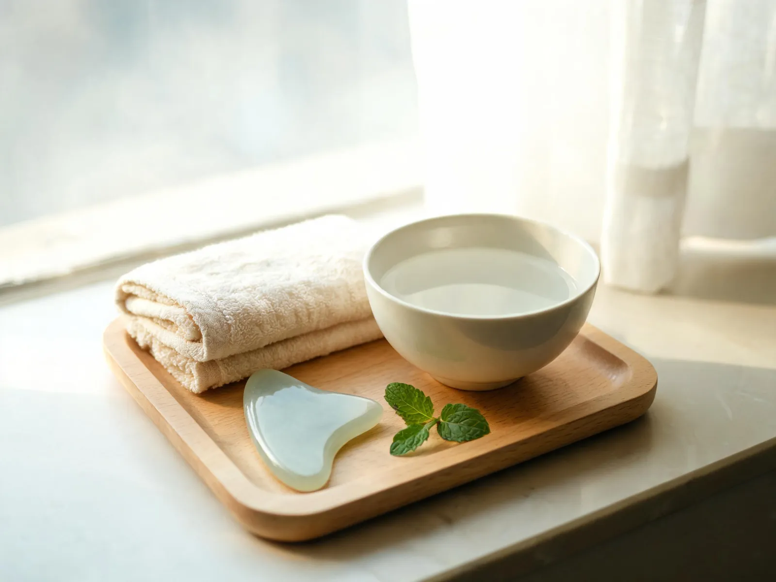 A tray with a gua sha stone, a bowl of water, a towel and mint.