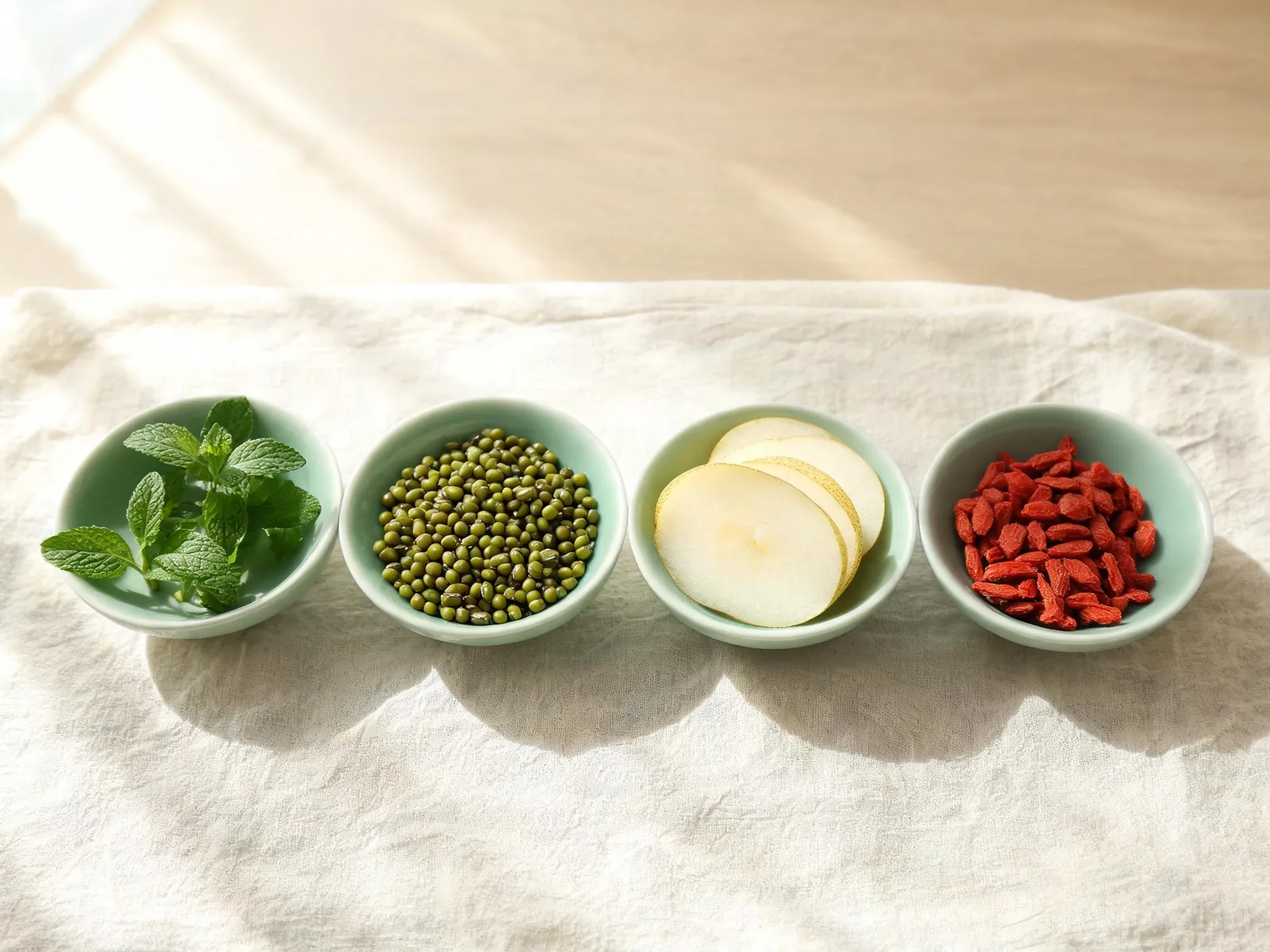 Four small dishes with mint, mung beans, sliced pear and goji on linen.