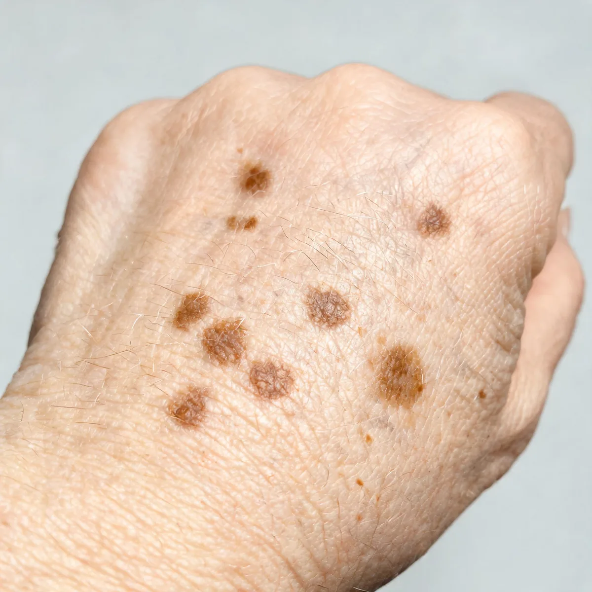 Back of a hand of an older adult showing several flat brown macules of varying size with irregular but sharp borders, otherwise normal aged.