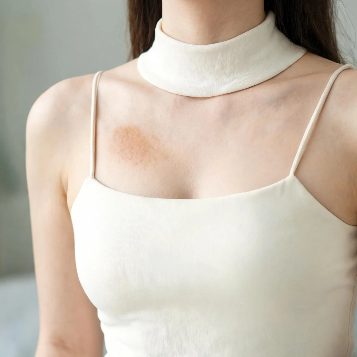 Clinical photograph of the upper chest and breast area of an adult wearing a high-neck cream camisole, with a brown pigmented area on the upper breast. No face, nipple or intimate detail is shown.