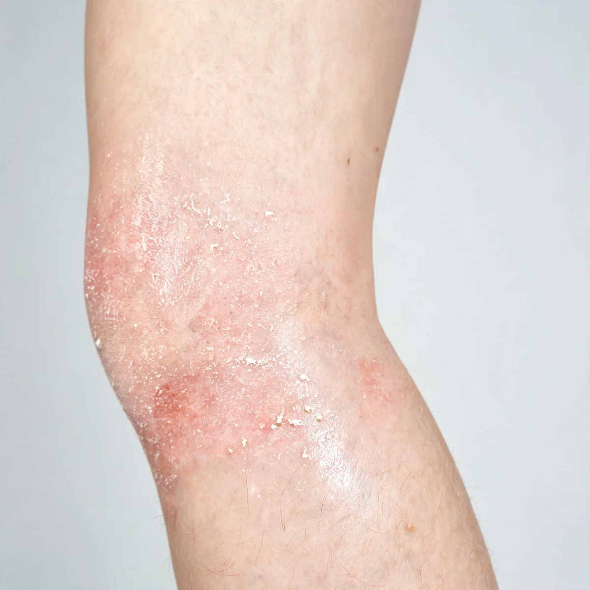 Shin showing dry, finely scaling, slightly flushed skin with a tight shiny appearance on the lower leg.