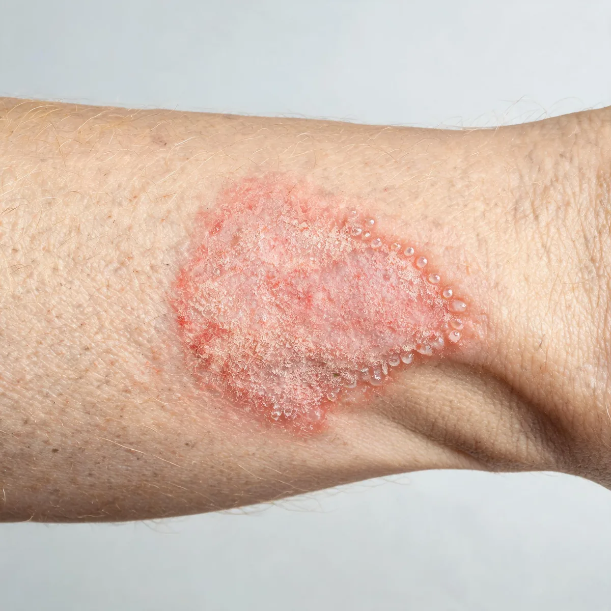 Inner forearm showing an ill-defined red, scaly, excoriated eczematous patch with fine vesicles at the margin.