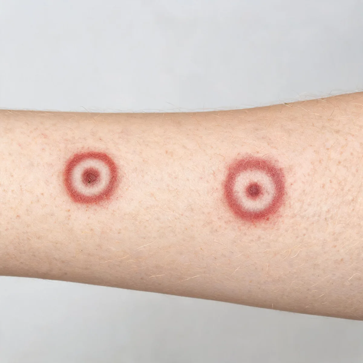Outside of a forearm showing two target lesions: concentric rings of dusky red with a darker centre and pale halo, on the forearm.