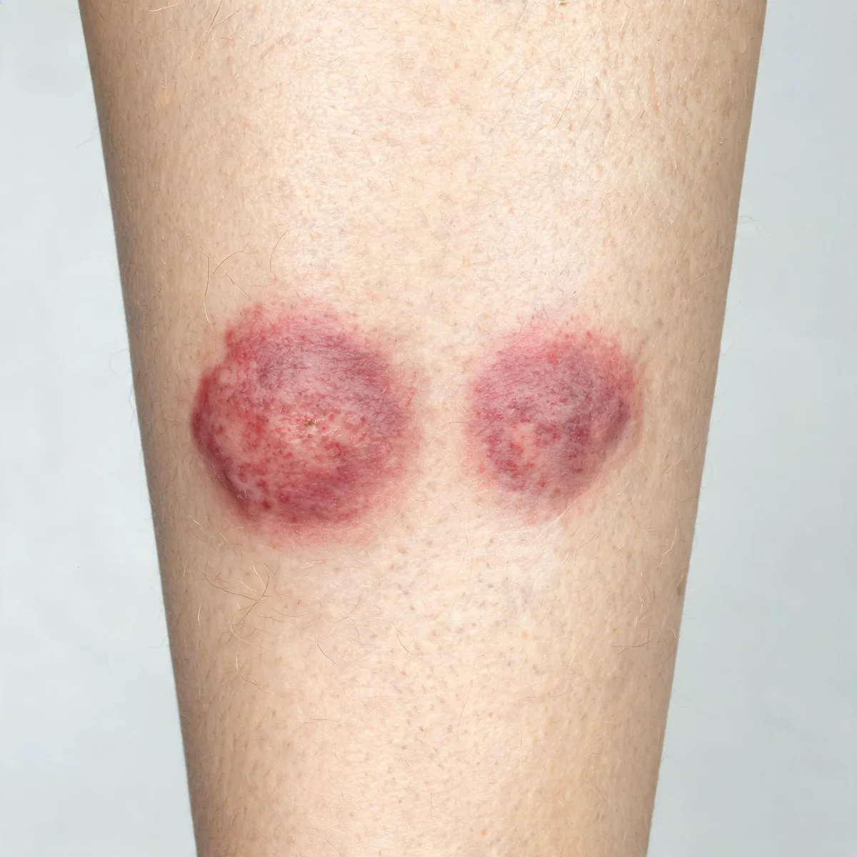 Shin showing two tender red-purple nodules about three centimetres across with ill-defined borders on the shin.