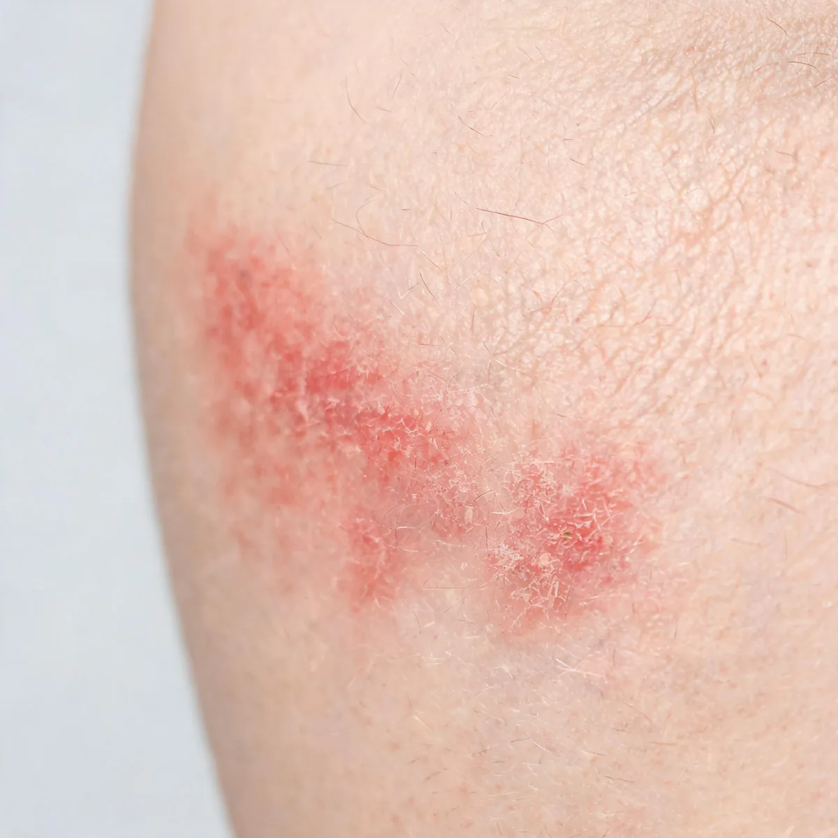 Cheek only, cropped below the eye line, showing dry, mildly red, excoriated skin from scratching, no eyes and no identity.