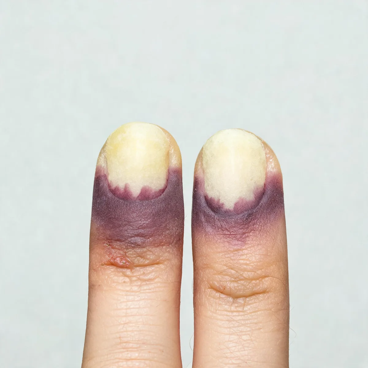 Fingertips showing pale waxy yellow-white frostbitten skin at the tips with a dusky purple band behind, no blackening and no gore.