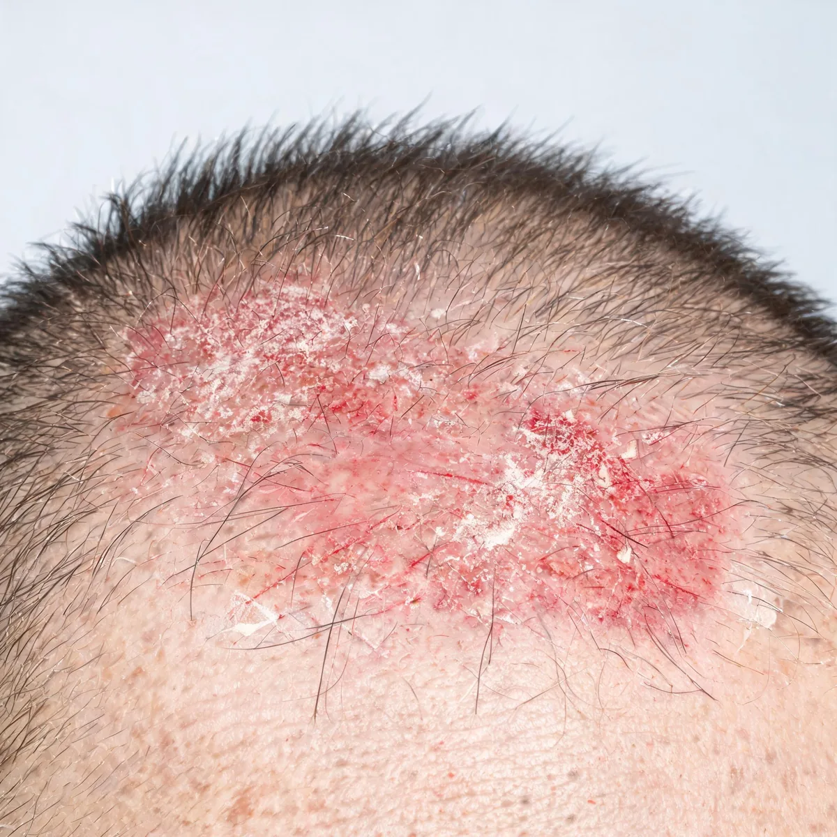 Scalp at the hairline showing red, excoriated, scaling scalp skin with scratch marks between hair strands.