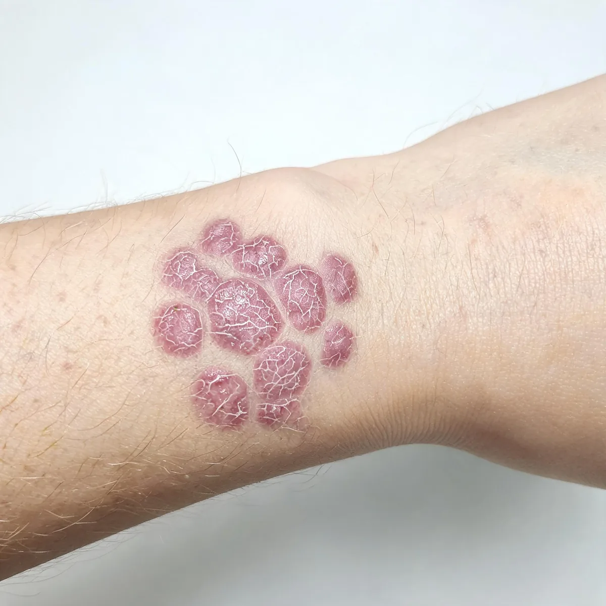 Inner forearm showing flat-topped, shiny, violaceous polygonal papules with fine white Wickham striae on the inner wrist.