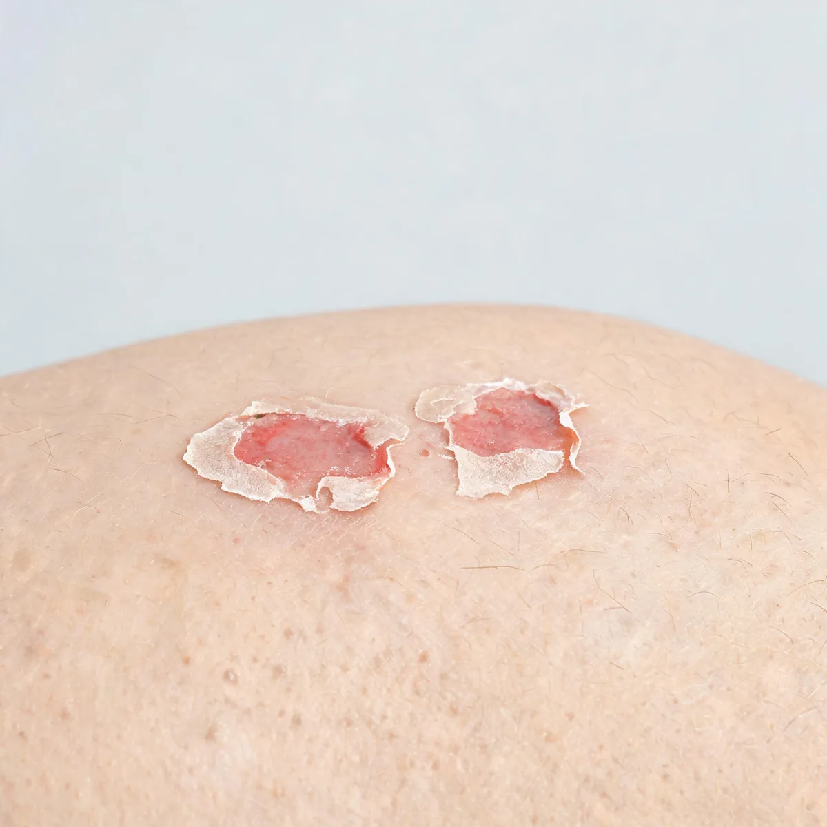 Upper back showing two flaccid ruptured bullae leaving raw red erosions with a collar of detached epidermis, no blood.