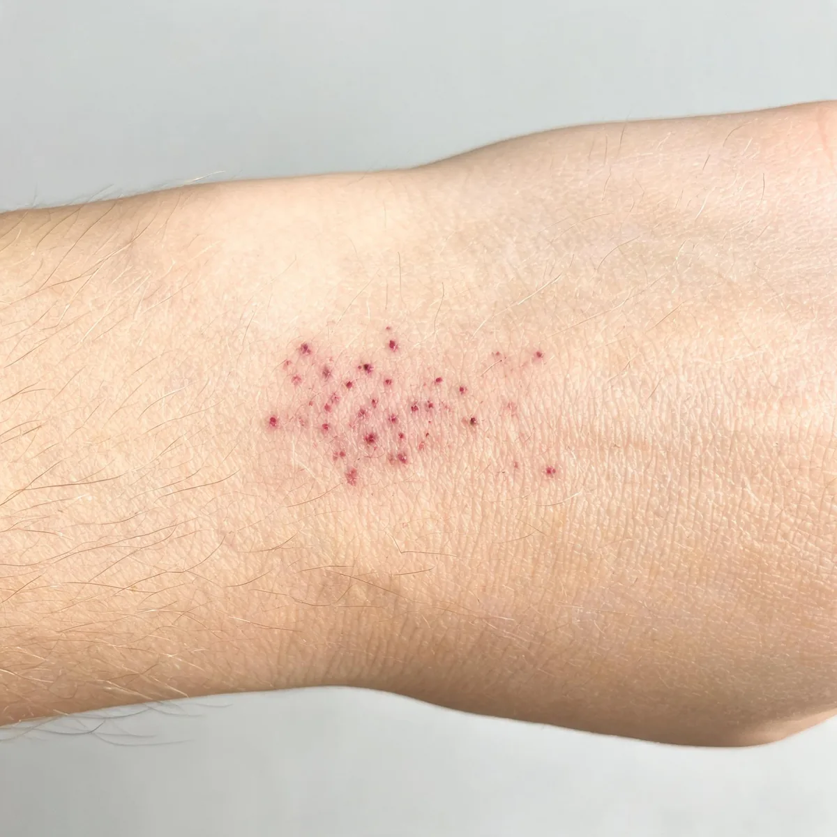 Outside of a forearm showing pinpoint non-blanching red-purple petechial spots clustered on otherwise normal skin.