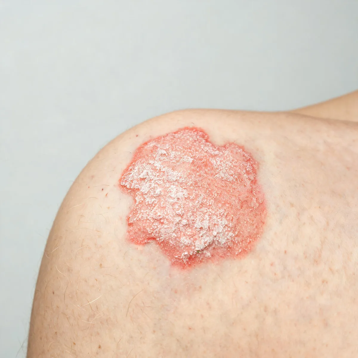 Shoulder showing a well-demarcated salmon-red plaque covered with thick silvery-white scale, irregular border, no geometric circle shape.
