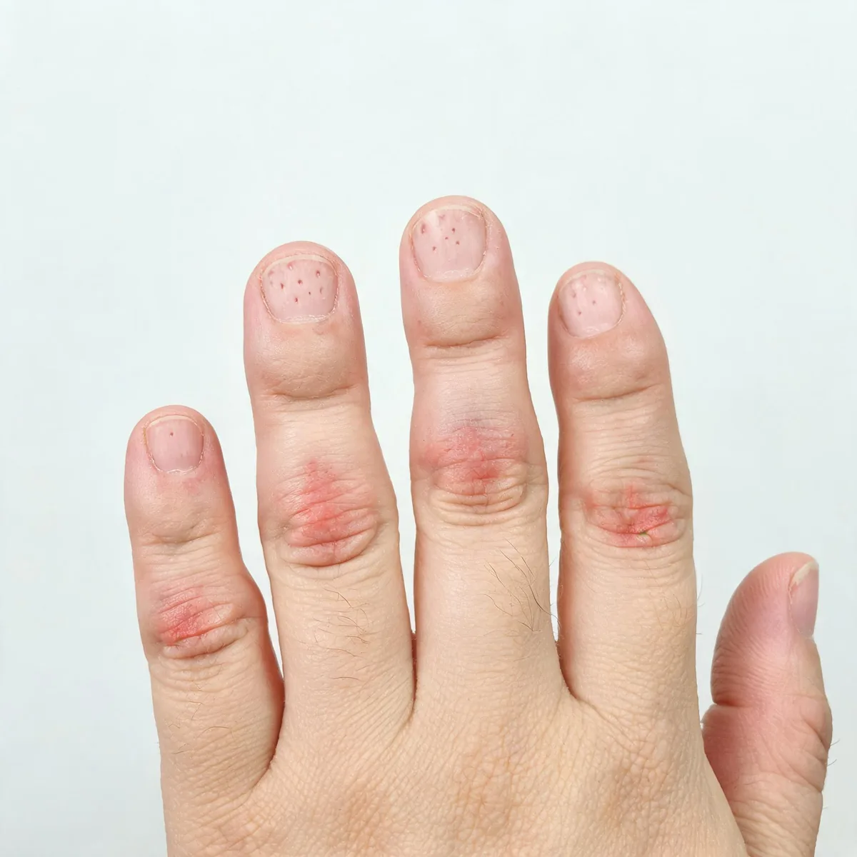 Fingers of one hand showing swollen sausage-like digits with nail pitting and salmon patches over the knuckles, no face.