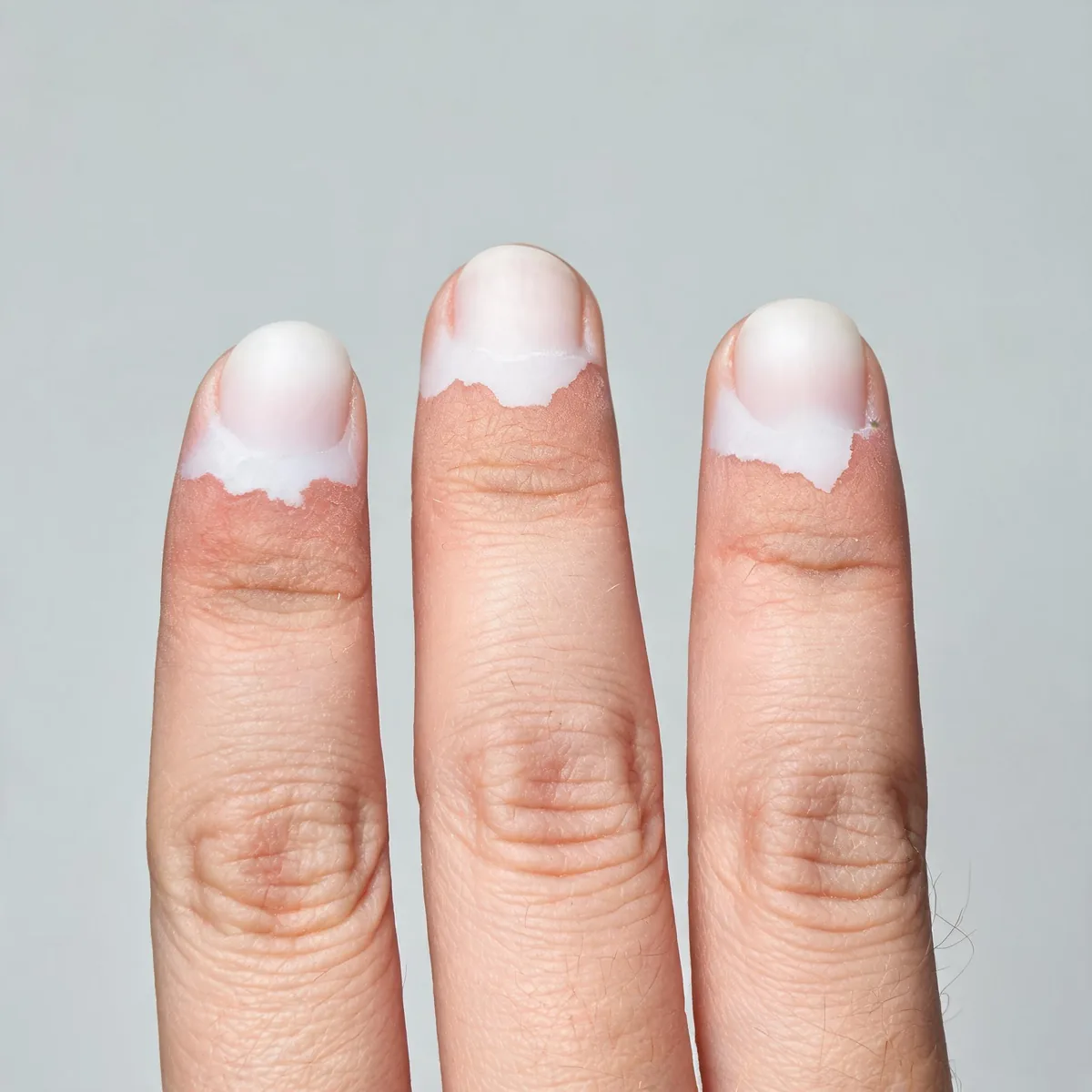 Fingertips of one hand showing sharp demarcation between white numb fingertips and normal pink skin, early Raynaud attack.