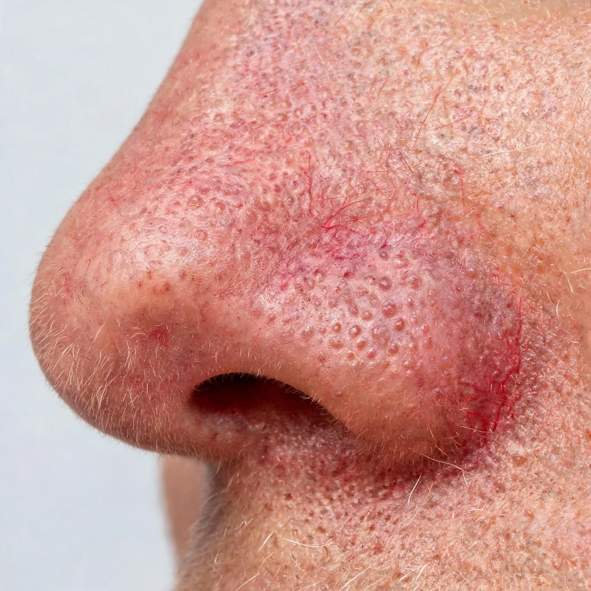 Nose only showing thickened, nodular, bulbous skin with enlarged pores and telangiectasia, red-purple discolouration, no eyes.