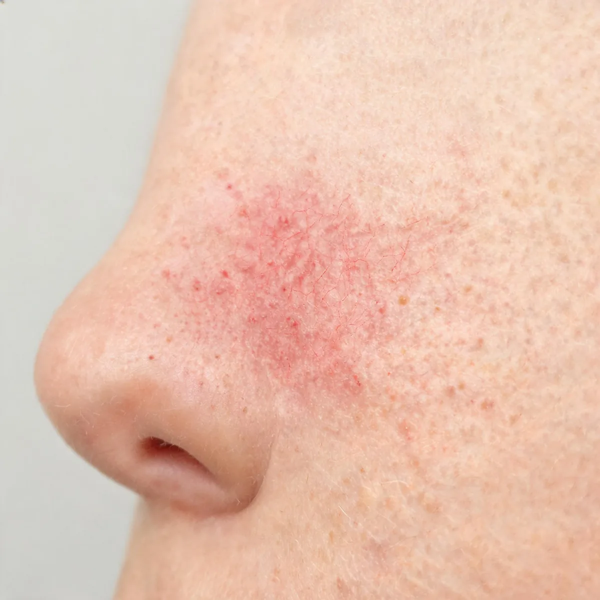 Cheeks and nose only, cropped below the eyes, showing persistent central redness with small papules and visible telangiectasia.
