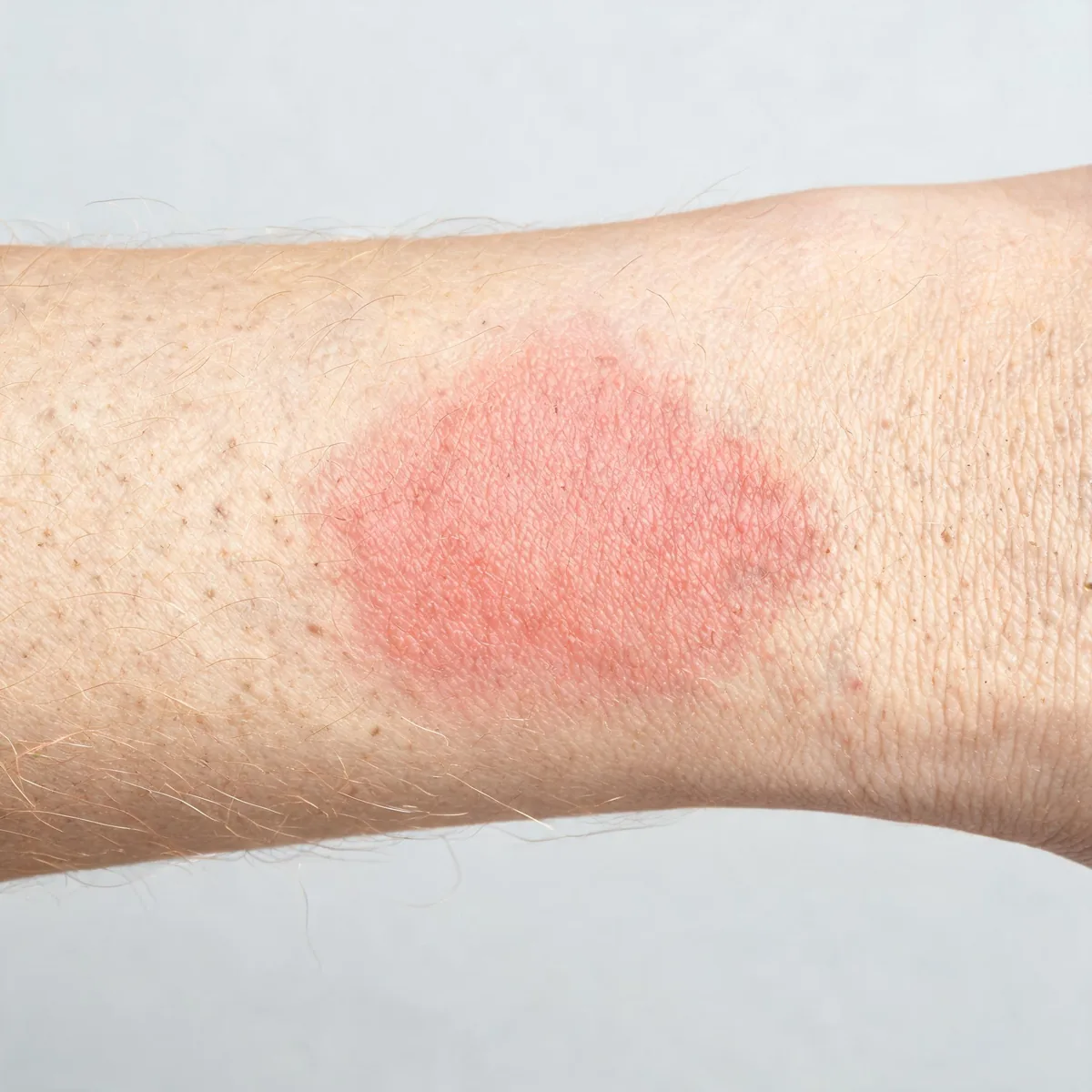 Skin of the forearm showing a superficial red burn with intact skin and a sharp edge, no blistering and no open wound.