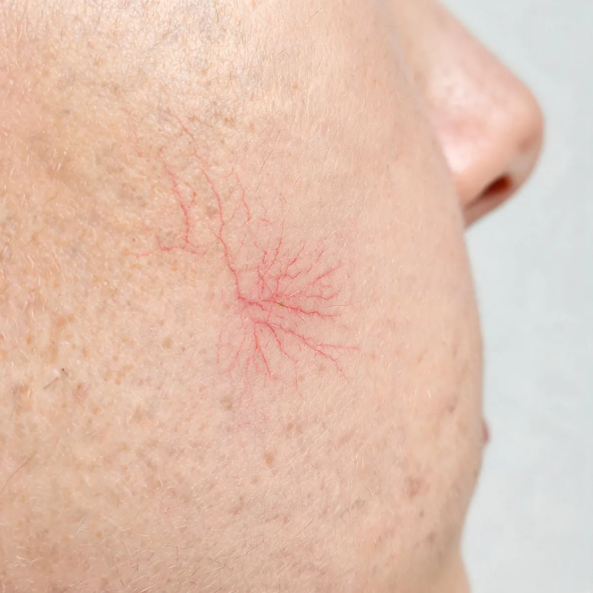 Cheek and side of the nose only, cropped below the eye, showing fine red telangiectatic vessels radiating from a central point, no eyes.