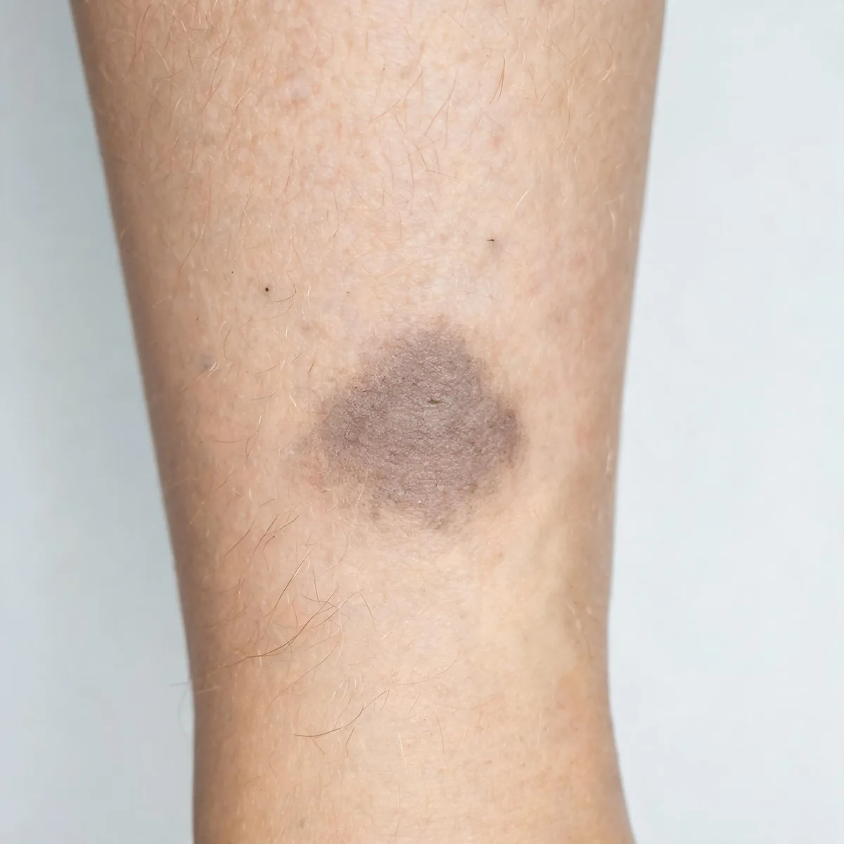 Skin of the lower leg showing a small shallow dusky dry patch at the edge of intact skin, no open wound and no gore.