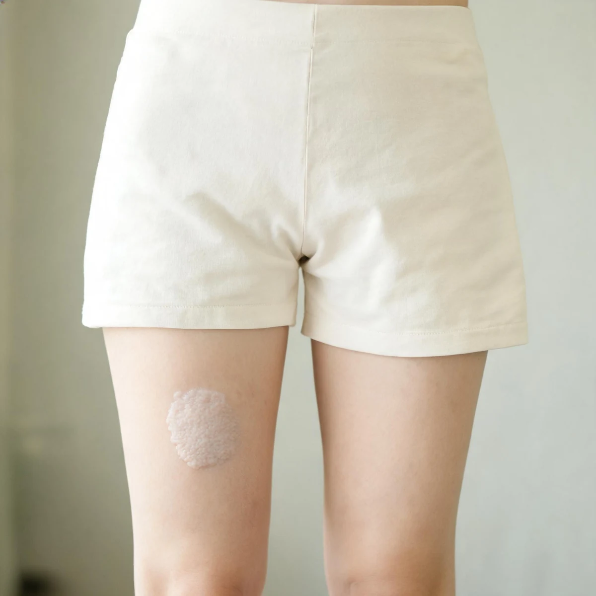 Clinical photograph of the lower abdomen and upper thighs in high-waisted cream shorts, with a pale thickened plaque on the upper inner thigh. No genital or intimate detail is shown.