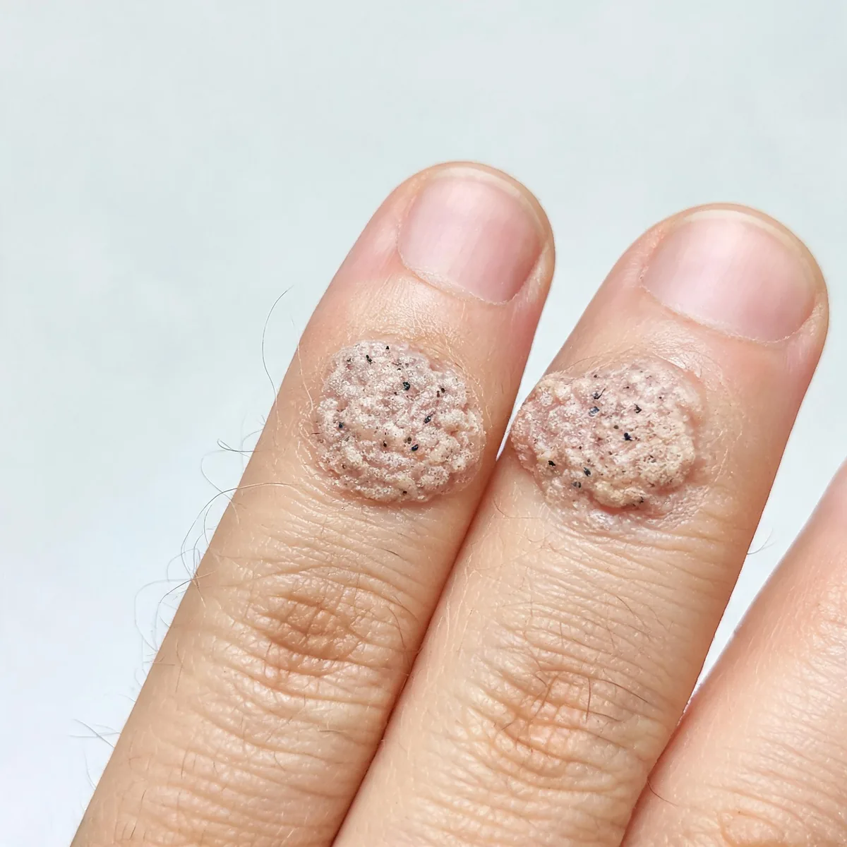 Fingers of one hand showing two verrucous warts with rough hyperkeratotic surfaces and tiny black dots, no face.
